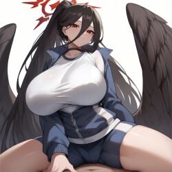 ai_generated black_hair black_wings blue_archive choker clothed_female_nude_male cowgirl_position gym_uniform halo hasumi_(blue_archive) hasumi_(gym_uniform)_(blue_archive) huge_breasts jacket kao140522 long_hair mole_under_eye ponytail red_eyes wings