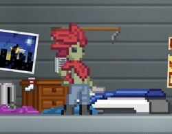 1boy animated bed clothed clothing flashing flora_fauna floran green_skin humanoid legwear male male_only penis penis_out pixel_art plant poster socks solo standing starbound topless video_games