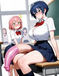 2girls ai_generated big_breasts blue_hair blush classroom condom embarrassed flaccid futanari green_eyes huge_cock hyper_penis looking_at_another pink_hair public school_uniform short_hair sitting skirt small_breasts small_waist zynai