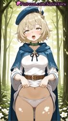 1girls ahe_gao ai_generated anime anime_style ass_visible_through_thighs bangs belt beret blonde_hair blue_cape blue_headwear blush bow bow_panties breasts brown_belt brown_eyes buckle bust busty cameltoe cape cloak clothes_lift clothing collar collarbone cowboy_shot day delicious_in_dungeon dress dress_lift dungeon_meshi falin_touden female female_focus female_only flower forest hair_ornament hat hat_feather hi_res high_quality high_resolution highres hood hood_down hypnosis lifted_by_self lips long_sleeves looking_at_viewer medium_breasts mind_control natsuyoru nature navel open_mouth outdoors panties pantsu patreon rolling_eyes short_hair solo solo_female standing stomach thighs tongue tongue_out tree underwear voluptuous voluptuous_female white_dress white_flower white_panties white_shirt yellow_eyes