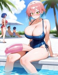 1girls ai_generated big_breasts blue_hair blush condom embarrassed flaccid futanari green_eyes huge_cock pink_hair pool public short_hair sitting small_waist swimsuit zynai