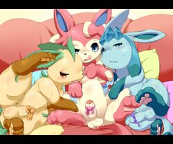 after_sex anus balls bed blush cum cum_inside eeveelution feral glaceon group leafeon male male_only nintendo okunawa penis pillow pokemon pokemon_(species) precum presenting presenting_penis sweat sylveon video_games