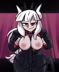 1girls arrogant clothed demon demon_girl demon_horns demon_tail flashing flashing_breasts grin helltaker looking_at_viewer lucifer_(helltaker) no_bra partially_clothed red_eyes smirk smirking_at_viewer solo solo_focus triplestabber white_hair