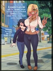 1boy 1futa asian asian_male black_hair blonde_hair blouse blush breasts bulge clothed colored_tips couple couple_(romantic) dark-skinned_futanari dark_skin day duo earrings english_text futa_with_male futanari grin gyaru hair_over_one_eye height_difference interracial jeans large_breasts larger_futanari light-skinned_male light_skin male midriff mole mole_on_breast mole_under_eye nail_polish naughty_face navel necklace original outdoors pink_hair purple_nails shorter_male size_difference smaller_male taller_futanari thetenk twink two-tone_hair v_sign wholesome