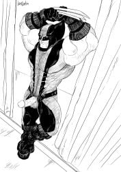 armpit armpit_hair armpits arms_up balls bara baralust body_hair boner costume erection james_howlett male male_only marvel marvel_comics monochrome muscles muscular penis penis_out sideburns solo solo_male wolverine_(x-men) x-men