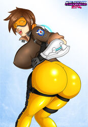 curvy dat_ass erect_nipples female female_only huge_ass huge_breasts overwatch short_hair solo thick_lips tight_clothing tracer voluptuous wide_hips xenium