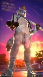 2025 3_toes 3d 5_fingers abs aiming_at_viewer anthro athletic athletic_male balls big_balls big_penis bodily_fluids boots brown_body brown_fur canid canine claws clothing crown dialogue digital_media_(artwork) english_text epic_games feet fingers flaccid footwear foreskin fortnite fur genitals gloves gun hajime_(fortnite) handwear harness harness_only headgear humanoid_genitalia humanoid_penis katana looking_at_viewer male mammal maxkore melee_weapon muscular muscular_anthro muscular_male musk musk_clouds musky_balls musky_penis outside penis pink_penis raccoon_dog ranged_weapon scar shoes shotgun shoulder_guards signature solo standing sunset sweat sweat_fetish sweaty_balls sweaty_genitalia sword tail tanuki text toes weapon white_eyes