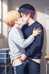 ai_generated classroom erect_penis erection_under_clothes kissing male_only project_sekai tenma_tsukasa vocaloid