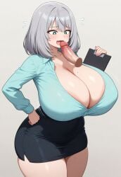 1boy ai_generated blue_eyes bra female female huge_breasts office office_lady oral penis shoulder_length_hair silver_hair teamrocktgrl tejina_senpai tejina_senpai_(character) tejina_senpai_(series)