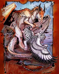 2008 dragon feline female feral feral_on_feral hybrid interspecies male mammal orange_scales penis pussy scales scalie sex skadjer slit straight tiger wings