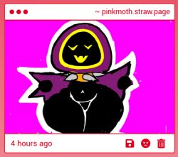 black_body evil_face happy_female lewdmoth malice_(pinkmoth) nude_female pinkmoth purple_hood sharp_teeth shortstack showing_off spiked_collar straw.page thicc_thighs villain villainess yellow_eyes