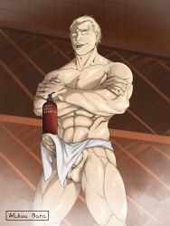 1boy bara barazoku blonde_hair blonde_hair_male crossed_arms erect_penis erection fundoshi huge_cock huge_penis imminent_sex kanji_tatsumi large_balls large_penis leaking leaking_penis leaking_precum male male_focus male_only mostly_nude mostly_nude_male muscular muscular_male nose_piercing persona persona_4 posing posing_for_the_viewer sauna scar scar_on_face shadow_self_(persona) shampoo_bottle shampoo_challenge smirk smirking smirking_at_viewer solo steam steamy sweat sweating sweaty sweaty_body toned toned_male wakua_bara white_fundoshi