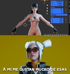 3d 3d_(artwork) blender blue_eyes breasts breasts_out brown_eyes brown_hair cloud_striker_(fortnite) couple dizzie_(fortnite) female female_focus female_only fortnite fortnite:_battle_royale glasses lesbian_couple meme nude nude_female render white_hair white_skin yellow_background yuri