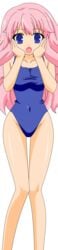 absurdres areolae artist_request baka_to_test_to_shoukanjuu bare_midriff blue_eyes breasts busty cleavage erect_nipples female hair_ornament hairclip highres himeji_mizuki hips legs long_hair looking_at_viewer mound_of_venus navel nipples nude nude_filter open_mouth photoshop pink_hair solo standing swimsuit thighs tongue transparent_background vector_trace