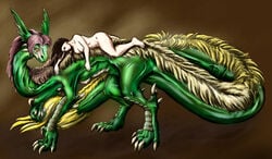 caressing claws couple_(disambiguation) dma duo female female/female feral green_body green_scales hi_res human human_on_feral interspecies interspecies_relationship lying mammal mane on_back reptile riding scales scalie size_difference submissive transformation yuri