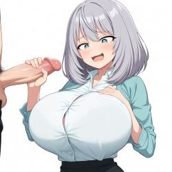 1boy ai_generated blue_eyes bra female handjob huge_breasts office office_lady penis shoulder_length_hair silver_hair teamrocktgrl tejina_senpai tejina_senpai_(character) tejina_senpai_(series)