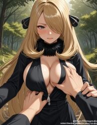 1boy ai_generated arm_grab bangs black_coat black_dress blonde_hair blush breast_grab breasts center_opening cleavage closed_mouth clothing coat cynthia_(pokemon) day dress female female forest fur-trimmed_coat fur_collar fur_trim grabbing grey_eyes groping hair_ornament hair_over_one_eye huge_breasts jousneystudio large_breasts long_hair long_sleeves looking_at_viewer male nature nintendo no_bra outdoors parted_lips patreon_username pokemon pokemon_(game) pokemon_character pokemon_diamond_pearl_&_platinum pokemon_dppt pov pov_hands smile solo_focus straight sweat tree upper_body very_long_hair watermark web_address