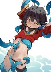 arms_up bandaged_leg bandages black_hair black_thighhighs blush clothes_lift collarbone cowboy_shot dress dress_lift female kani_fish kono_subarashii_sekai_ni_shukufuku_wo! long_sleeves megumin navel navel_penetration red_dress red_eyes restrained sweat teeth tentacle thighhighs water