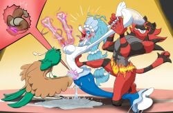 anthro arms_above_head blush bodily_fluids bouncing_breasts breasts crying cum decidueye female fingering generation_7_pokemon genital_fluids group held_up hi_res humiliation incineroar male male/female nintendo nude nude_female open_mouth pocketickler pokemon pokemon_(species) primarina purp1e screaming side_view spotlight squirming stage stretched tears tickle_torture tickling tickling_breasts trio uterus wide_eyed