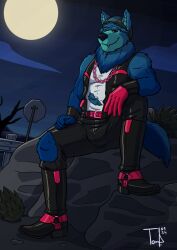 anthro biker blue_body blue_fur boots born_to_be_wild_wolf bulge canid canine clothing fangs footwear full_moon fur gloves handwear hat headgear headwear hi_res just_dance leather leather_boots leather_clothing leather_daddy leather_footwear lycan_(just_dance) male mammal moon mythological_canine mythological_creature mythology night red_eyes shoes sitting smile solo teeth torn_clothing torrosketch ubisoft werecanid werecanine werecreature werewolf