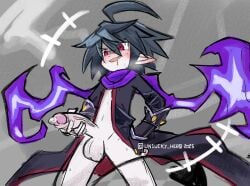 1boy almaz_von_almadine_adamant balls black_hair disgaea disgaea_3 fangs huge_cock masturbation nippon_ichi_software pale-skinned_male penis precum red_eyes scarf stinkyyoverlord