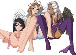 artist_request belldandy clitoris clothing color dark-skinned_female dark_skin facial_markings incest oh_my_goddess! panties pose shaved_pussy siblings sisters skuld small_breasts spread_legs stockings urd