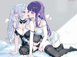 ai_generated blush cleavage elf fern_(sousou_no_frieren) french_kiss frieren green_eyes human kissing large_breasts lingerie lying_on_bed midriff open_mouth purple_eyes purple_hair sousou_no_frieren student sweat teacher teacher_and_student thighhighs white_hair yuri