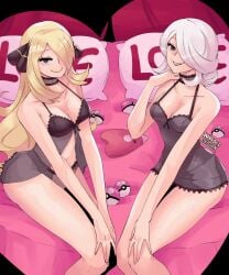 2d 2girls ancestor_and_descendant bed big_breasts blonde_hair breasts choker cleavage cogita_(pokemon) cynthia_(pokemon) female female_only hips human human_only light-skinned_female light_skin lingerie looking_at_viewer mature_female multiple_girls nintendo old_woman older_female on_bed pokemon pokemon_dppt pokemon_legends:_arceus see-through see-through_clothing silver_hair sitting sitting_on_bed smile thick_thighs thighs wanderjegson wrinkles