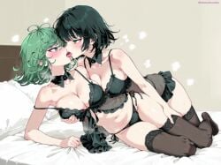 ai_generated blush cleavage french_kiss fubuki_(one-punch_man) grabbing_sheets green_eyes green_hair incest kissing large_breasts lingerie lying_on_bed making_out midriff one-punch_man open_mouth sisters sweat tatsumaki yuri