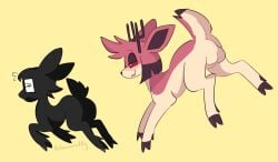 2024 alastor_(hazbin_hotel) ass balls black_body black_fur bloowolfy chasing deer demon duo feral feralized fur genitals hazbin_hotel hi_res looking_at_another male mammal red_body red_fur simple_background smile tan_body tan_fur yellow_background