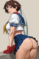 1girls ass ass_focus big_ass big_breasts bottomless bottomless_skirt breasts brown_eyes brown_hair capcom female female_focus female_only from_behind gloves headband huge_ass kalennoir looking_at_viewer looking_back no_panties sakura_kasugano school_uniform schoolgirl short_hair skirt smile solo solo_female solo_focus street_fighter thick thick_ass thick_thighs tomboy upskirt