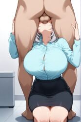 1boy ai_generated female huge_breasts office office_lady oral shoulder_length_hair silver_hair teamrocktgrl tejina_senpai tejina_senpai_(character) tejina_senpai_(series)