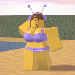 1girls 3d :o beach bikini blocky_body bloxzrd blush brown_hair female large_breasts looking_at_viewer purple_bikini purple_ribbons roblox roblox_avatar robloxian solo_female solo_focus swimsuit tagme video_games yellow_body yellow_skin