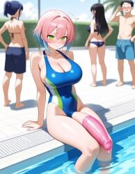 1girls ai_generated big_breasts blue_hair blush condom embarrassed flaccid futanari green_eyes huge_cock pink_hair pool public short_hair sitting small_waist swimsuit zynai