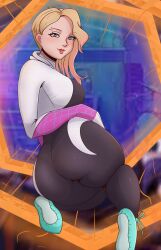 gwen_stacy_(spider-verse) horny_female looking_back presenting_ass seductive_look shadowmm2 spandex_suit spider-gwen