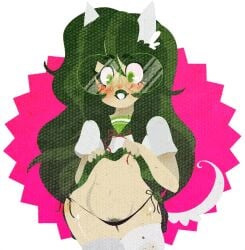 2010s 2015 animated animated_background black_hair black_thong blush bow buckteeth dog_ears dog_girl dog_tail glasses green_eyes green_glasses green_hair green_lipstick green_skirt hips homestuck jade_harley lipstick long_hair lowres mekacrap ms_paint_adventures presenting presenting_underwear pubic_hair red_bow sailor_collar sailor_uniform skirt skirt_lift tagme_(artist) tail thick_thighs thighhighs thong wagging_tail white_tail white_thighhighs wide_hips