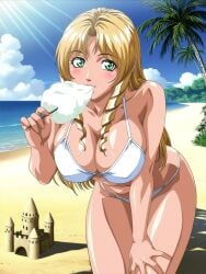 1girls ai_generated ass bangs bangs_between_eyes bangs_over_eyes beach bent_over bible_black big_breasts bikini bikini_bottom bikini_top biting blonde_hair blush breast_focus busty candy cheek_bulge cotton_candy curvaceous curvy curvy_body curvy_female curvy_figure cute day drill_sidelocks eating eating_food enigmata female female_focus female_only food front_view green_eyes high_resolution huge_breasts legs_together long_hair looking_at_viewer midriff navel ocean outdoors palm_tree parted_bangs pinup sand sand_castle seaside shiny_skin shiraki_rika smile solo sunlight swimsuit teen teenage_girl teenager upper_body very_long_hair water white_bikini wide_hips yellow_hair