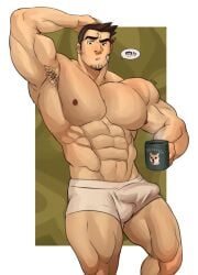 big_breasts big_pecs boner boner_in_underwear boner_under_clothes dick_gumshoe erection erection_under_clothes erection_under_underwear gyakuten_saiban holding_cup holding_object jloid male male_only muscular muscular_male solo solo_focus solo_male underwear underwear_only