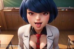 1girls ai_generated artist_name between_breasts black_bra blazer blue_hair blush bra breasts brown_eyes chalkboard classroom cleavage desk disney disney_channel freckles hi_res indoors jacket kagami_tsurugi lace lace-trimmed_bra lace_trim looking_at_viewer medium_breasts miraculous:_tales_of_ladybug_and_cat_noir miraculous_ladybug mole mole_on_breast mole_under_eye necktie open_mouth patreon_username plaid_necktie progenarts red_necktie school_desk school_uniform short_hair smile solo swept_bangs teeth tongue tongue_out underwear upper_body upper_teeth_only watermark web_address white_jacket wooden_floor