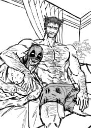 balls bara body_hair deadpool deadpool_&_wolverine_(2024) dickslip flaccid gay ieung200 james_howlett male male_only marvel marvel_comics monochrome muscles muscular penis penis_out penis_through_leghole sideburns wade_wilson wolverine_(x-men) x-men