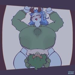 1:1 alex_(toasterstealer) amphibian animated anthro aroused axolotl big_breasts blue_body blue_hair blush blush_lines bodily_fluids breast_play breasts closed_eyes clothed clothing connie_(toasterstealer) cum duo ejaculation female genital_fluids genitals green_body green_hair hair hi_res horn huge_breasts male male/female marine mole_salamander open_mouth partially_clothed penis salamander sex short_playtime size_difference sleep_molestation sleeping smile tagme thick_thighs titfuck_under_clothes titjob toasterstealer