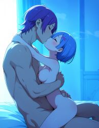 blue_eyes breasts closed_eyes hugging julius_juukulius kissing naked night nipples purple_hair re:zero_kara_hajimeru_isekai_seikatsu rem_(re:zero) size_difference vaginal_penetration