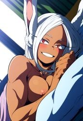 1girls ai_generated animal_ears bed bed_sheet blush blush boku_no_hero_academia breasts breasts breasts curtains dark-skinned_female dark_skin duderu eyebrows eyelashes female female female_focus female_only grin hair hand_on_pillow hi_res high_resolution highres in_bed indoors large_breasts long_eyelashes long_hair looking_at_viewer mirko my_hero_academia naked naked_female naked_sheet nipples nude nude_female on_bed pillow rabbit_ears rabbit_girl red_eyes rumi_usagiyama sheets smile smiling smiling_at_viewer solo solo_female solo_focus teeth toned toned_female under_sheets upper_body upper_body_focus usagiyama_rumi white_hair window