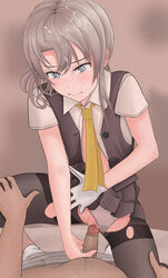 1boy 1girls black_legwear blonde_hair blue_eyes blush clothed_sex clothing cum cum_on_hair facial female female_on_top guided_penetration imminent_sex kantai_collection long_hair male necktie nowaki_(kantai_collection) open_clothes outercourse panties panties_aside pantyhose penetration penis prodding pussy sex shallow_penetration single_glove spread_legs tears testame thighband_pantyhose thighhighs torn_clothes torn_pantyhose underwear vaginal_penetration white_panties