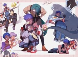 alternate_hairstyle arven_(pokemon) blonde_hair blue_hair breasts dark-skinned_female dark_skin dendra_(pokemon) female game_freak gen_4_pokemon hassel_(pokemon) highres jacket koraidon larry_(pokemon) long_sleeves male mole mole_under_eye mole_under_mouth multicolored_hair multiple_boys multiple_girls nemona_(pokemon) nintendo no_text_version nyantcha open_mouth original penny_(pokemon) pokemon pokemon_(species) pokemon_sv poppy_(pokemon) purple_eyes rika_(pokemon) school_uniform short_hair staraptor thiccwithaq tomboy tulip_(pokemon) very_dark_skin zoraida_(nyantcha)