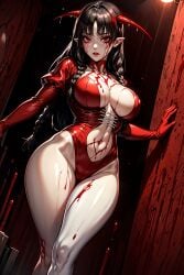 ai_generated black_hair blood bloodless bloodstained:_ritual_of_the_night cleavage horns large_breasts pale-skinned_female pale_skin red_clothing red_eyes thick_thighs vampire vampire_girl