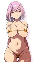 1girls artist_name batta_16-sei bikini breasts closed_mouth commentary_request cowboy_shot drop_shadow gluteal_fold gold_bikini gridman_universe highres large_breasts looking_at_viewer medium_hair micro_bikini navel pink_hair red_eyes shinjou_akane skindentation smile solo ssss.gridman standing stomach swimsuit thigh_gap white_background