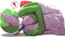 1boy 1girls 2d anthro bent_over crouched game_freak gardevoir heart large_breasts larger_female nobunagapero pokemon size_difference smaller_male smothering sweaty