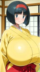 1girls ai_generated blue_eyes curvy_female curvy_figure erika_(pokemon) female female_only green_eyes green_hair hairband huge_breasts japanese_clothes kimono massive_boobs massive_breasts massive_tits pokemon short_hair traditional_clothes