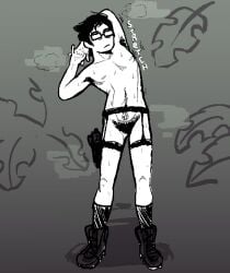 1boy 1boys black_hair black_hair_male boots garter_belt garter_straps glasses happy_trail headgear headwear homestuck jake_english male male_focus male_only monochrome nude nude_male nudity pale-skinned_male pale_skin pubic_hair short_hair short_hair_male socks soldierexclipse solo solo_male stretch stretching white_skin